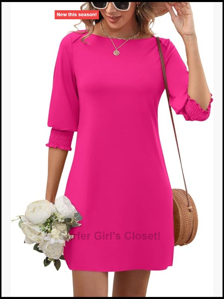 Boatneck 3/4 Puff Sleeve Floral T Shirt Dress With Pockets Boho Mini Dress